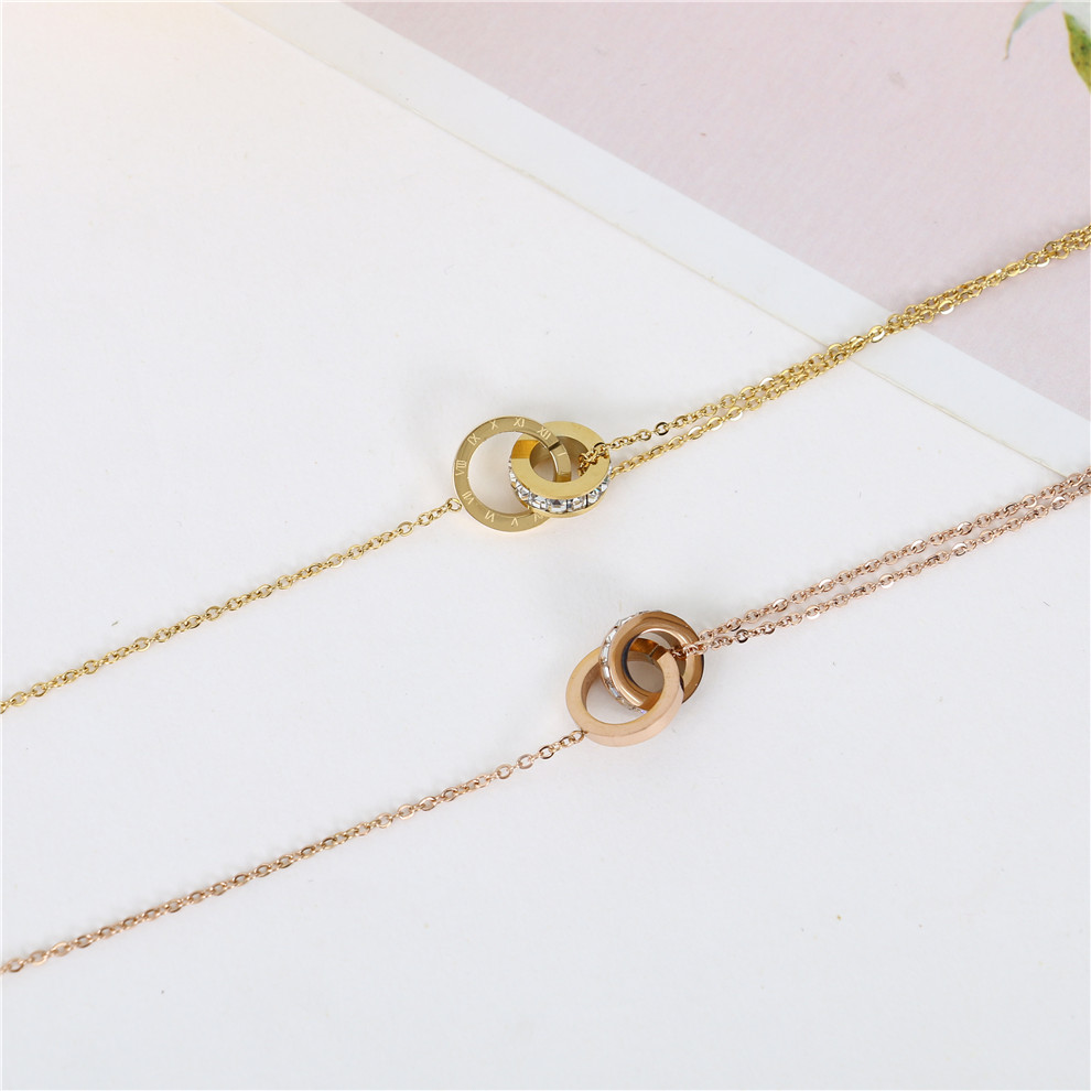 Rose Gold Titanium Steel Anklet Double Ring Bracelet Versatile Digital Anti-Allergy Bracelet Jewelry for Girls