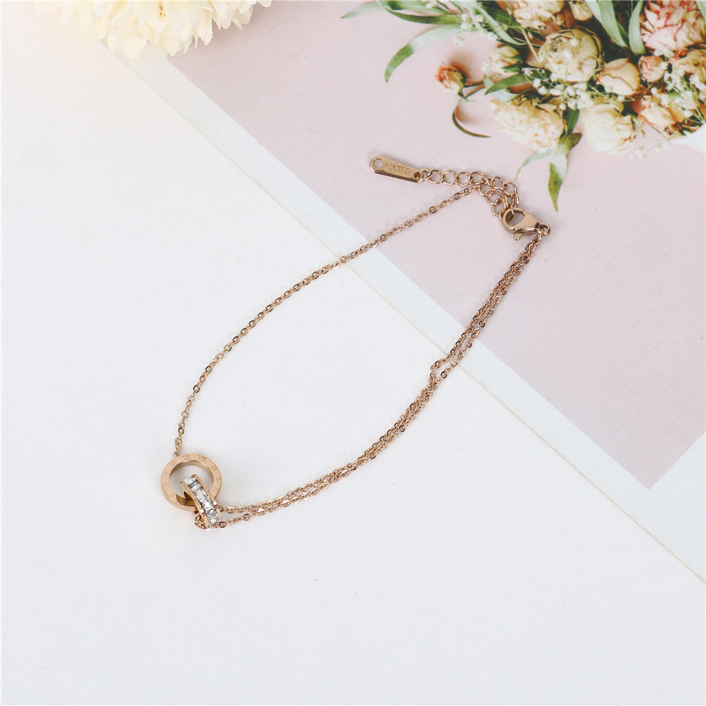 Rose Gold Titanium Steel Anklet Double Ring Bracelet Versatile Digital Anti-Allergy Bracelet Jewelry for Girls