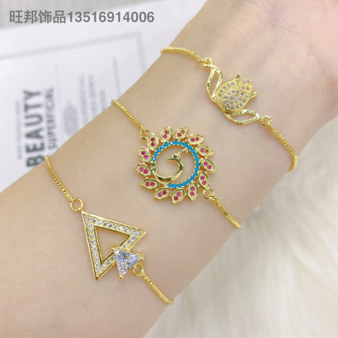 Amazon Popular European and American Color Zircon Bracelet Women&#039;s Full Diamond Adjustable Bracelet Wholesale HT