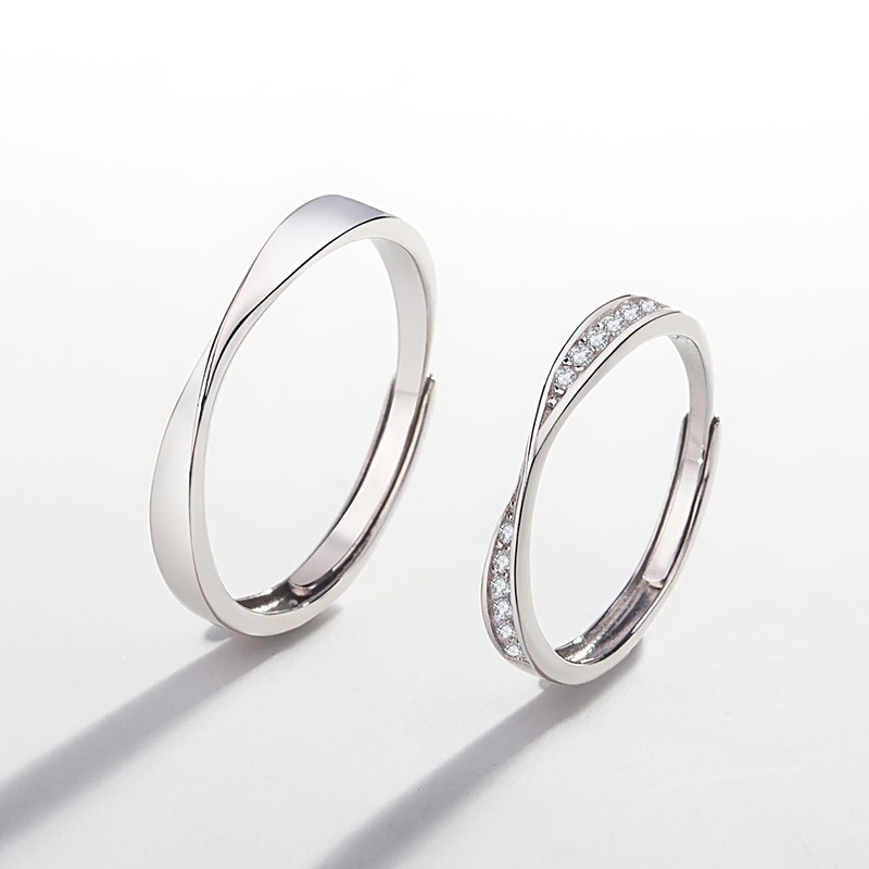 925 Sterling Silver Mobius Strip Couple Ring Ins Female Korean Simple Rhinestone Male Simple Bracelet Couple Rings Open Personalized