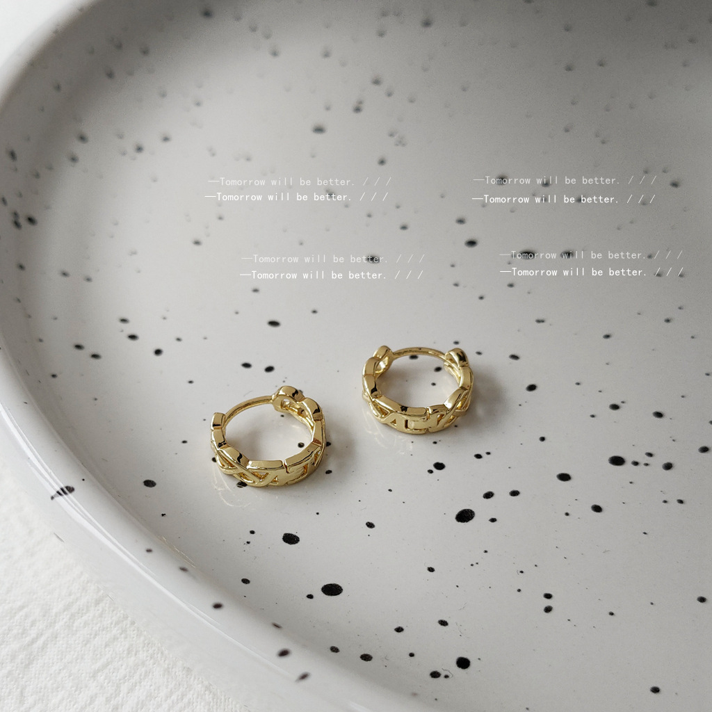 Bright Eyes Plated 14K Retro Geometric Chain-Shaped Hollow Stud Earrings Women&#039;s Japanese and Korean Style Graceful and Fashionable Ear Studs Earrings