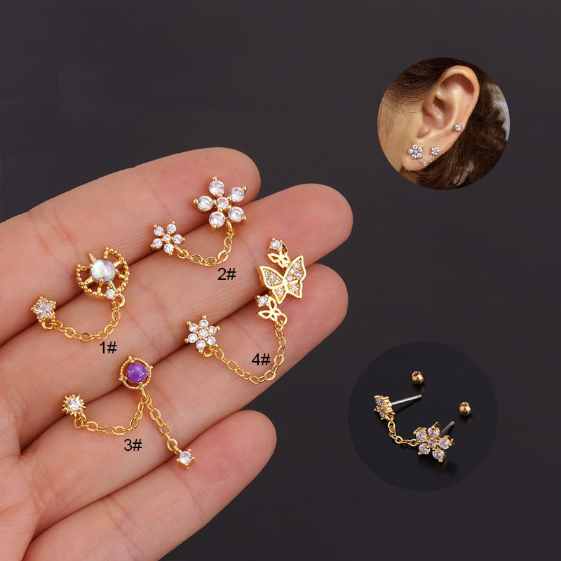 Korean Style New Product Creative Flower Zircon Double Ear Piercings Earrings Women Stainless Steel Fashion Screw Ear Studs Piercing Ear Bone Stud