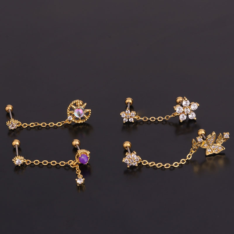 Korean Style New Product Creative Flower Zircon Double Ear Piercings Earrings Women Stainless Steel Fashion Screw Ear Studs Piercing Ear Bone Stud
