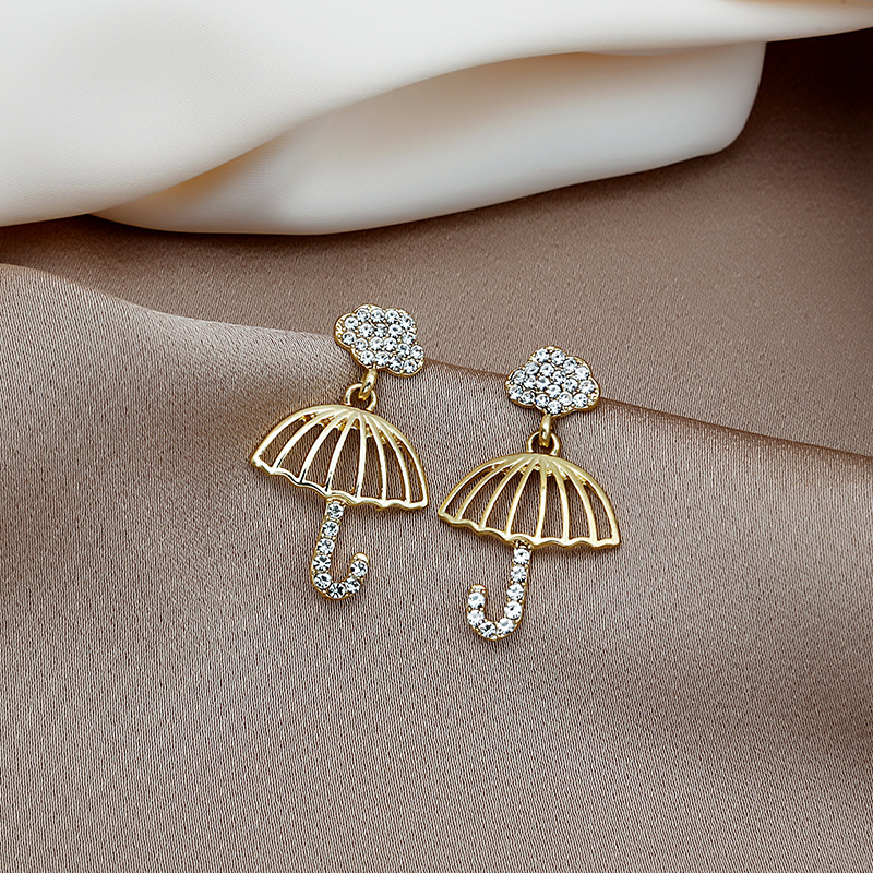 Silver Stud Earrings Cute Umbrella Rhinestone Ear Jewelry Niche Design New Studs Trendy Earrings Women Wholesale