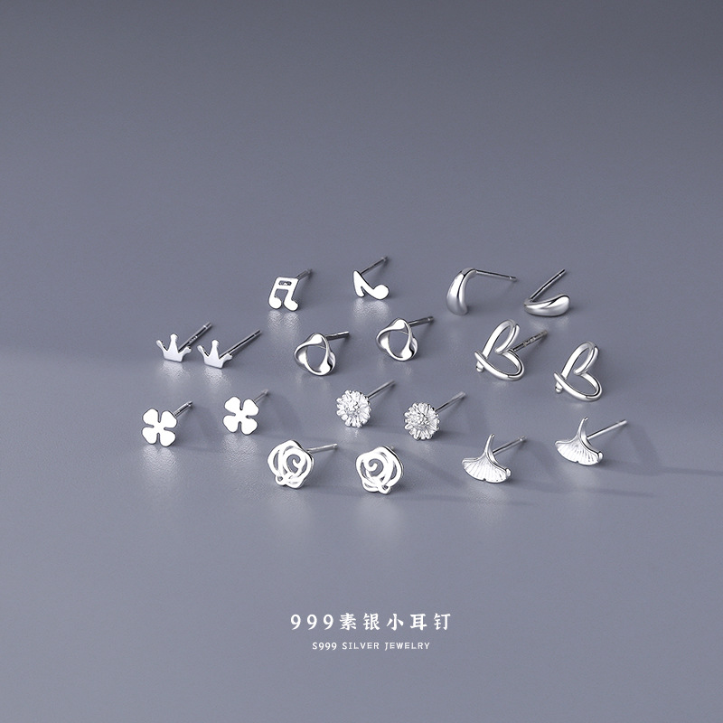 S999 Sterling Silver Pure Silver Plain Ear Studs Women&#039;s Simple Ear-Caring Earrings Niche Tide Ear Bone Stud Ear Bar Ear Rings Wholesale