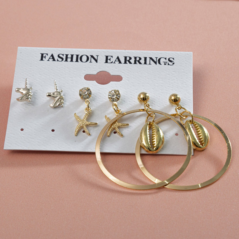 Metal Stud Earrings Combination Set Unicorn Star Ear Studs Diamond Earrings Shell Big Ring Ear Rings