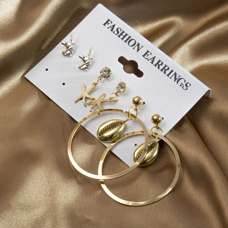 Metal Stud Earrings Combination Set Unicorn Star Ear Studs Diamond Earrings Shell Big Ring Ear Rings