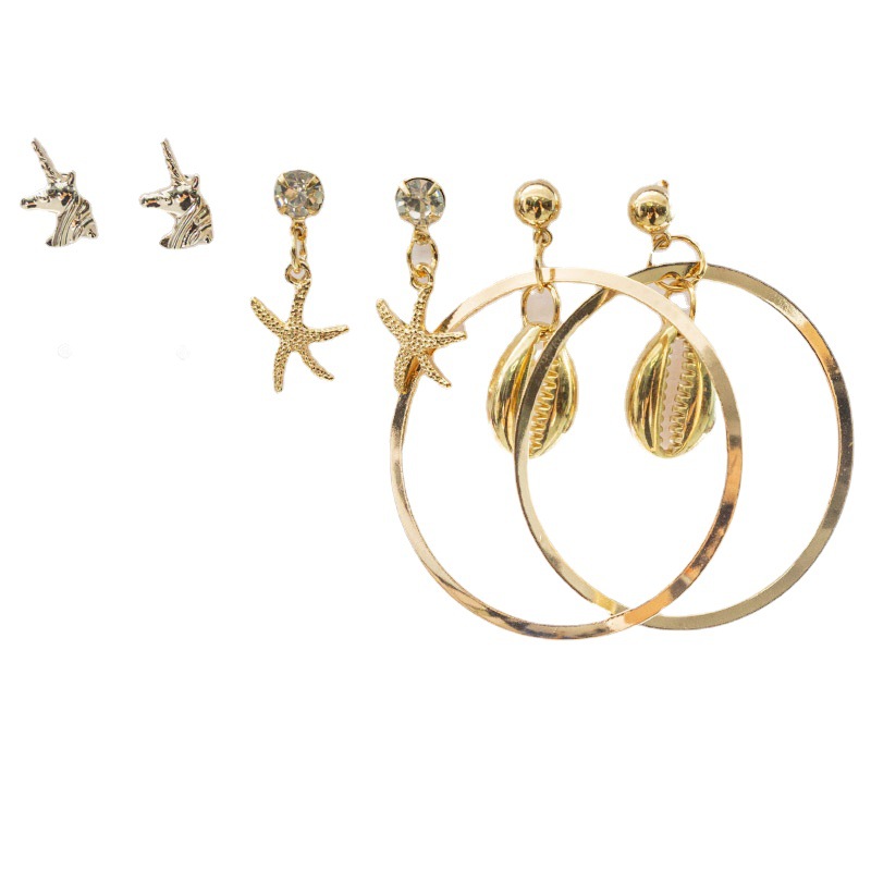 Metal Stud Earrings Combination Set Unicorn Star Ear Studs Diamond Earrings Shell Big Ring Ear Rings