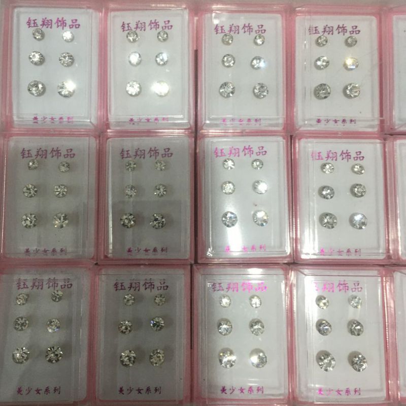 Three Pairs of Rhinestone Ear Studs Anti-Sterling Silver Stud Earrings Rhinestone Korean Earrings Boutique Stall Boxed Earrings Wholesale