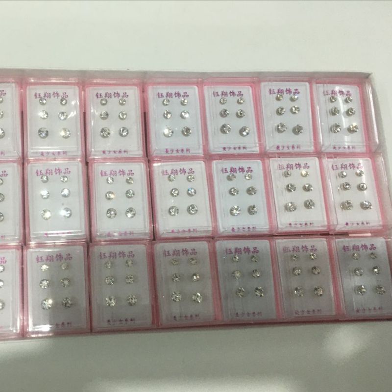 Three Pairs of Rhinestone Ear Studs Anti-Sterling Silver Stud Earrings Rhinestone Korean Earrings Boutique Stall Boxed Earrings Wholesale