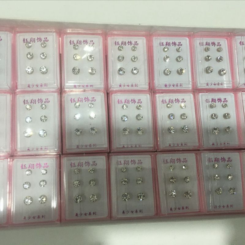 Three Pairs of Rhinestone Ear Studs Anti-Sterling Silver Stud Earrings Rhinestone Korean Earrings Boutique Stall Boxed Earrings Wholesale
