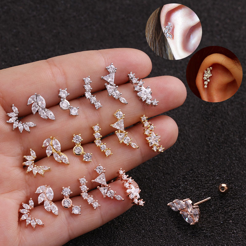 Foreign Trade New Leaf Stainless Steel Studs Pentagram Zircon Ear Bone Stud Screw Earrings Cross-Border Puncture