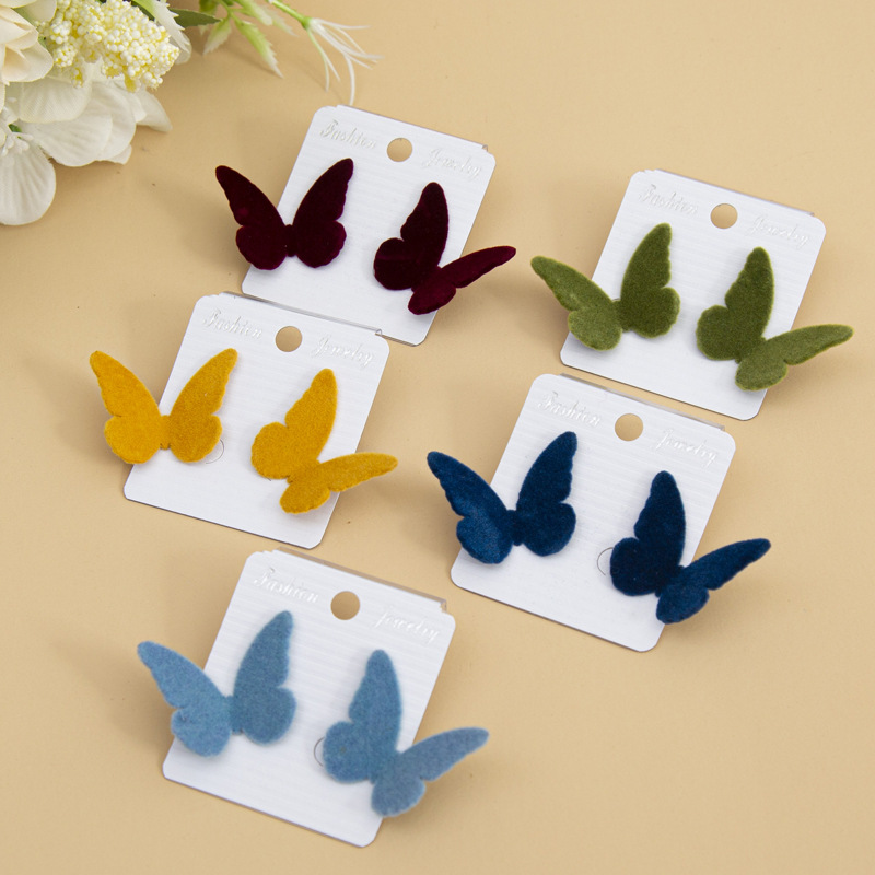 Butterfly Flocking Earrings 925 Silver Retro Stud Earrings Autumn and Winter Korean Earrings Flocking Ear Ring Butterfly Studs
