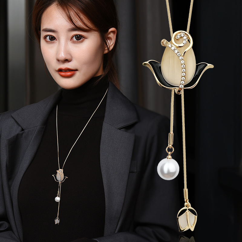 Factory Direct Sales Korean Autumn and Winter Long Necklace Accessories Tulip Opal Flower Sweater Chain Female Elegant Necklace