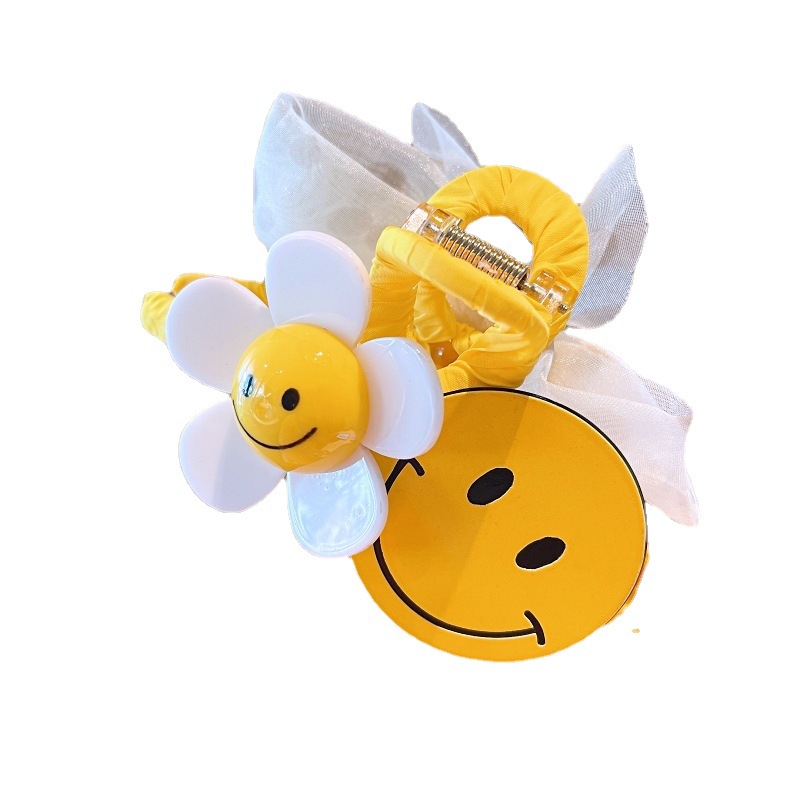 Smiley Face Flower Hair Clip Bow Barrettes Female Summer Back Head Mesh Shark Clip Hair Accessories Flower Hairpin