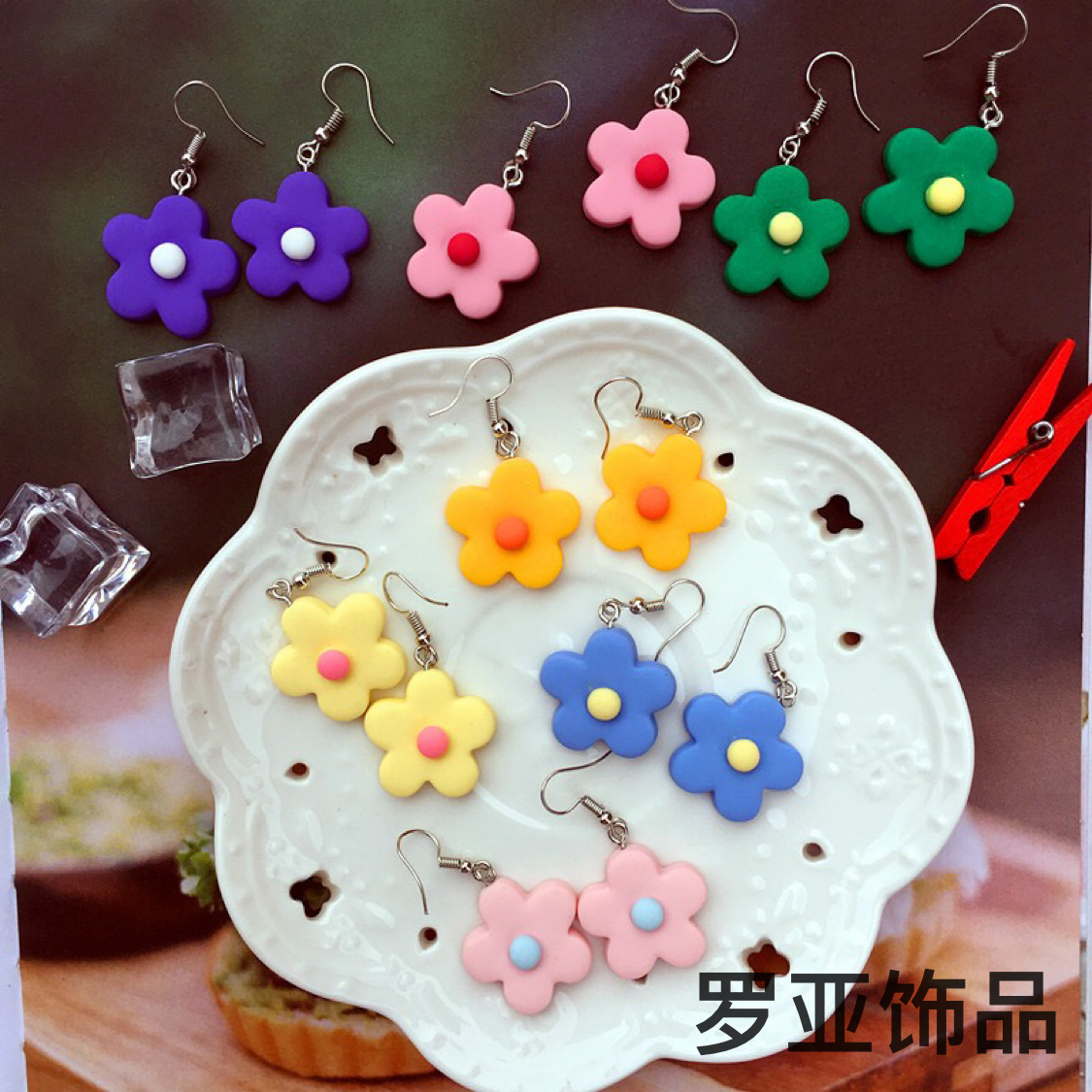 INS Style Vigorous Girl Candy Color Little Flower Earrings Can Be Used as Ear Clip