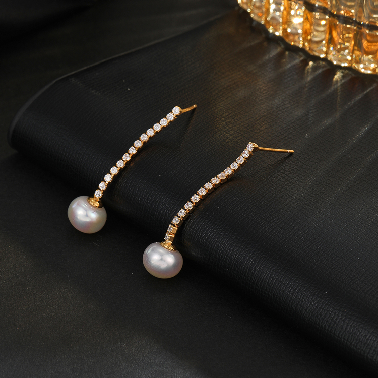 New Sterling Silver Needle High Quality Affordable Luxury Style 18K Gold Natural Freshwater Pearl Rhinestone-Encrusted Chain Stud Earrings