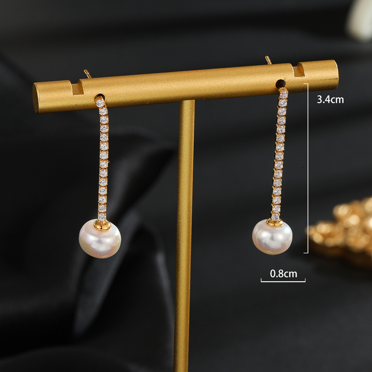 New Sterling Silver Needle High Quality Affordable Luxury Style 18K Gold Natural Freshwater Pearl Rhinestone-Encrusted Chain Stud Earrings