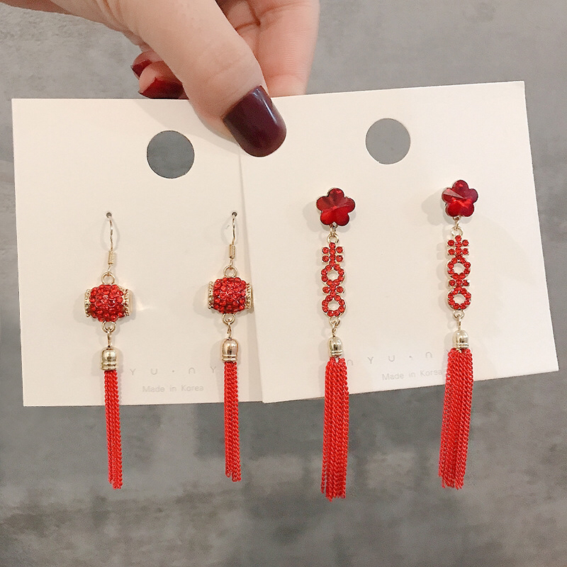 New Chinese knot retro festive fringe earrings double happiness long style pendant female temperament fashion ears
