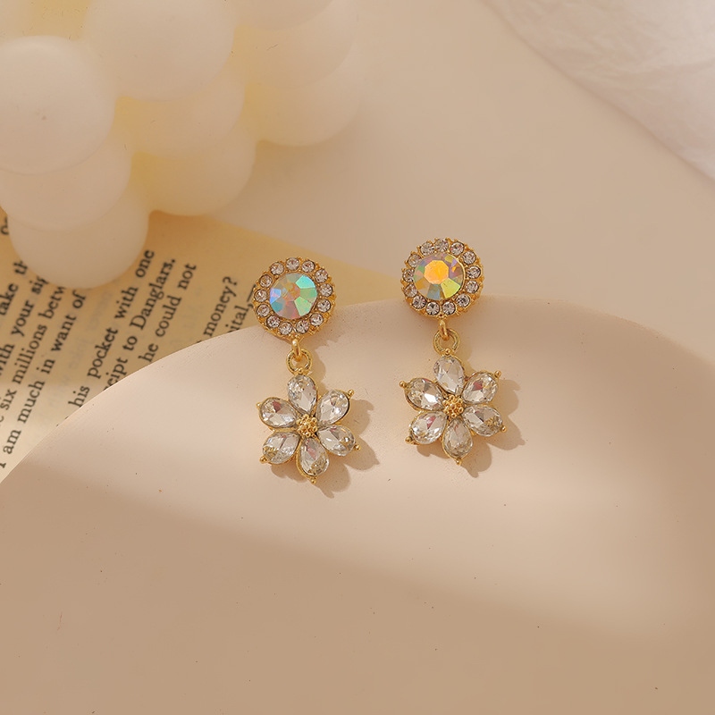 Sterling Silver Needle Korean High-Grade Crystal Petal Stud Earrings Graceful Online Influencer Earrings Ear Studs Women
