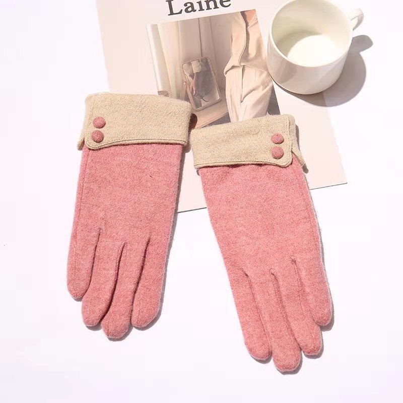 Autumn and Winter Jacquard Autumn and Winter Solid Color Pink Finger Gloves Spot Warm Spring Cat&#039;s Paw Leather Gloves Factory Direct Supply