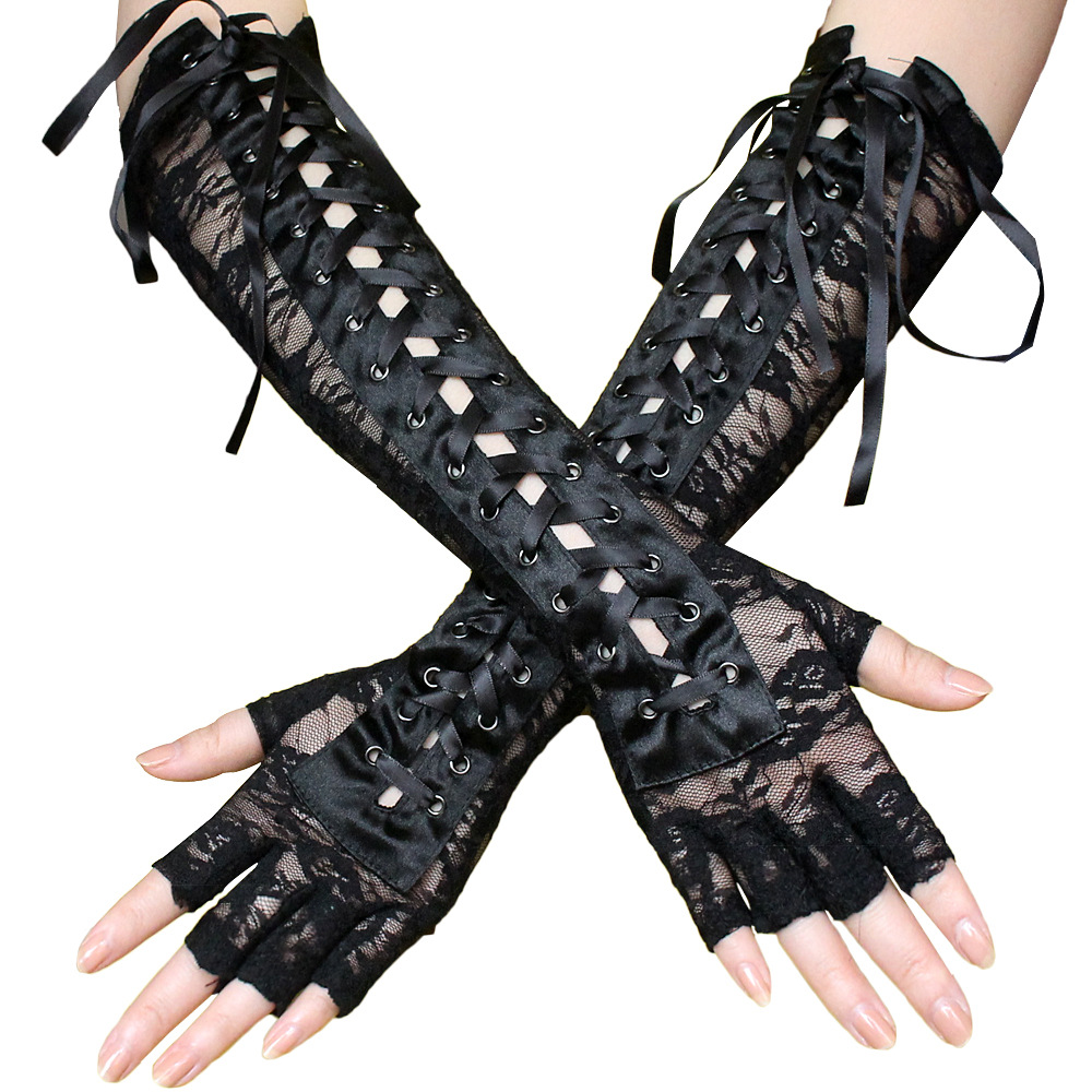Style Sexy Lace Bandage Gloves Long Temptation Ribbon Rivet Half Finger Etiquette Ball Gloves Nightclub Cool Lace Gloves