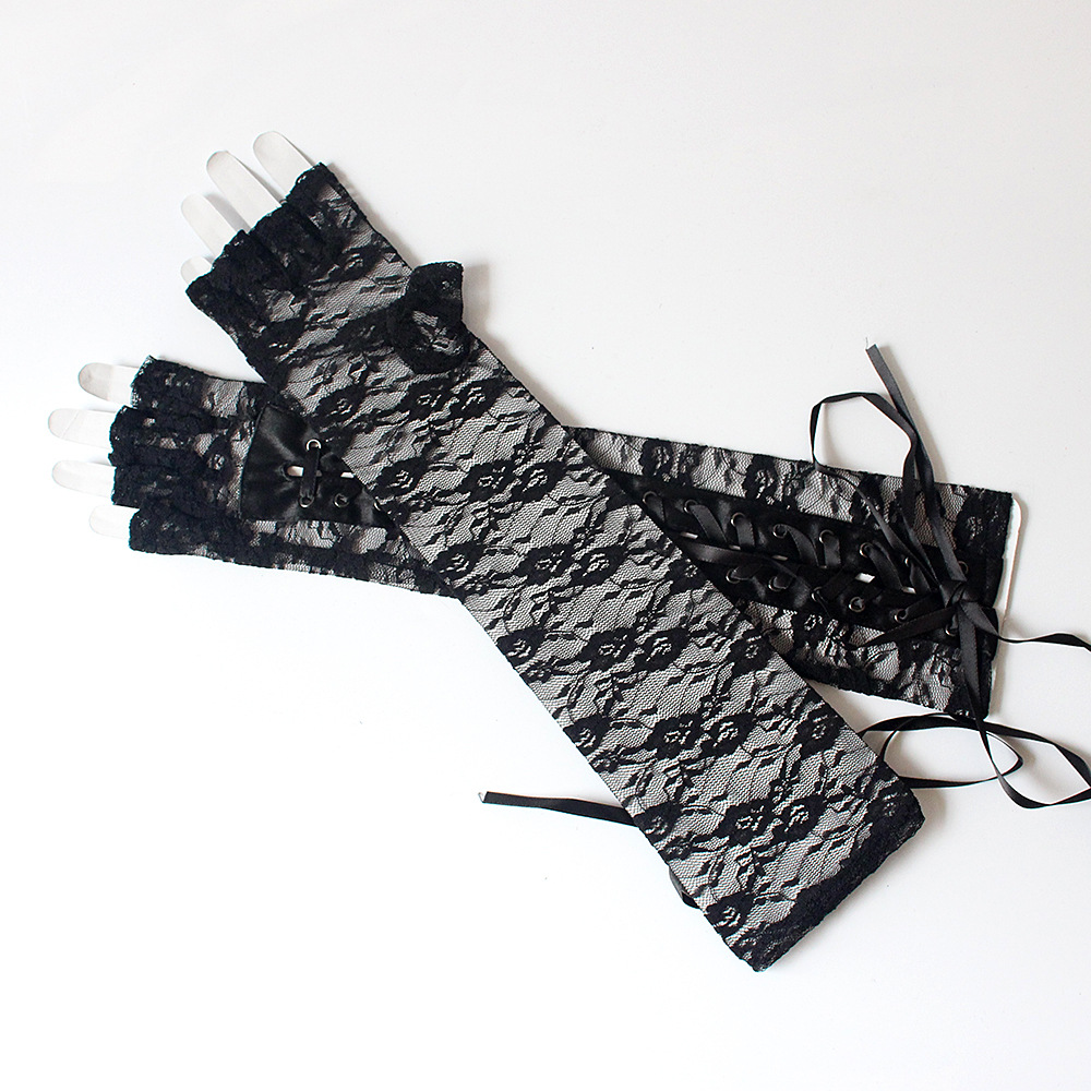 Style Sexy Lace Bandage Gloves Long Temptation Ribbon Rivet Half Finger Etiquette Ball Gloves Nightclub Cool Lace Gloves