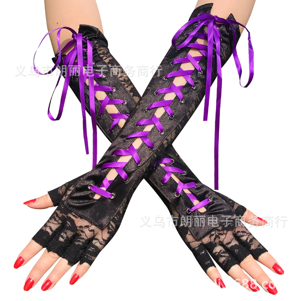 Style Sexy Lace Bandage Gloves Long Temptation Ribbon Rivet Half Finger Etiquette Ball Gloves Nightclub Cool Lace Gloves