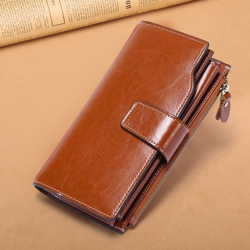 Genuine Leather RFID AntiTheft Brush Women&#039;s Wallet Long Oil Wax Leather Mobile Clutch Bag Leather Retro Wallet