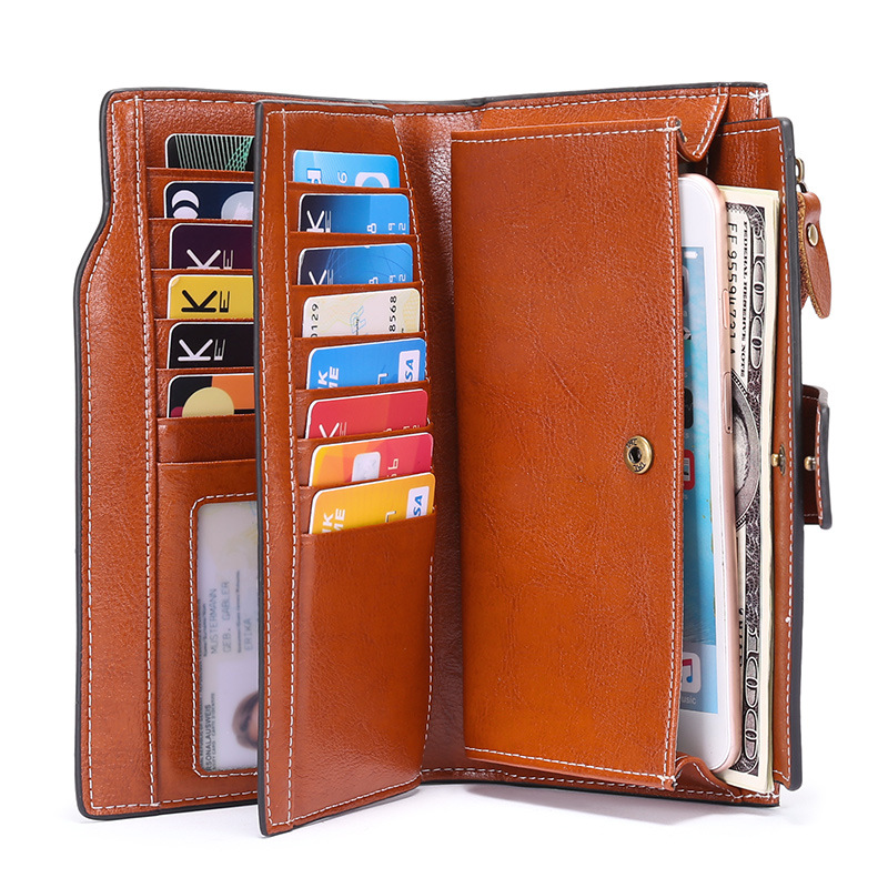 Genuine Leather RFID AntiTheft Brush Women&#039;s Wallet Long Oil Wax Leather Mobile Clutch Bag Leather Retro Wallet