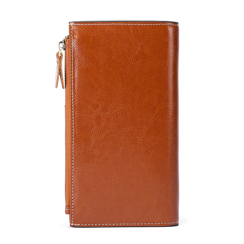 Genuine Leather RFID AntiTheft Brush Women&#039;s Wallet Long Oil Wax Leather Mobile Clutch Bag Leather Retro Wallet