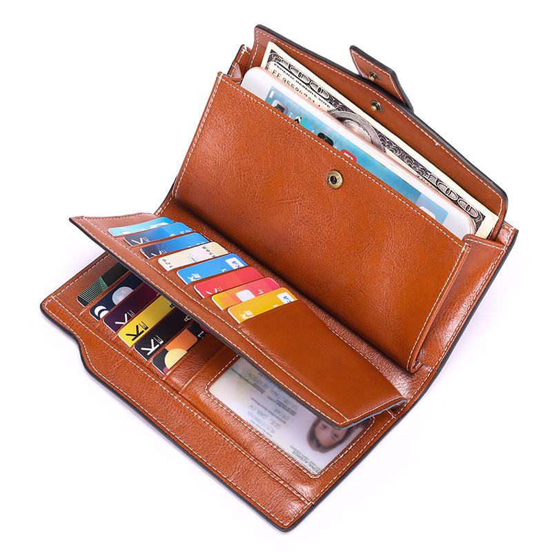 Genuine Leather RFID AntiTheft Brush Women&#039;s Wallet Long Oil Wax Leather Mobile Clutch Bag Leather Retro Wallet