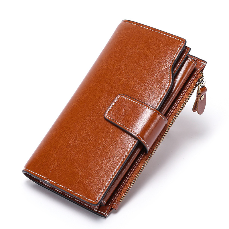 Genuine Leather RFID AntiTheft Brush Women&#039;s Wallet Long Oil Wax Leather Mobile Clutch Bag Leather Retro Wallet