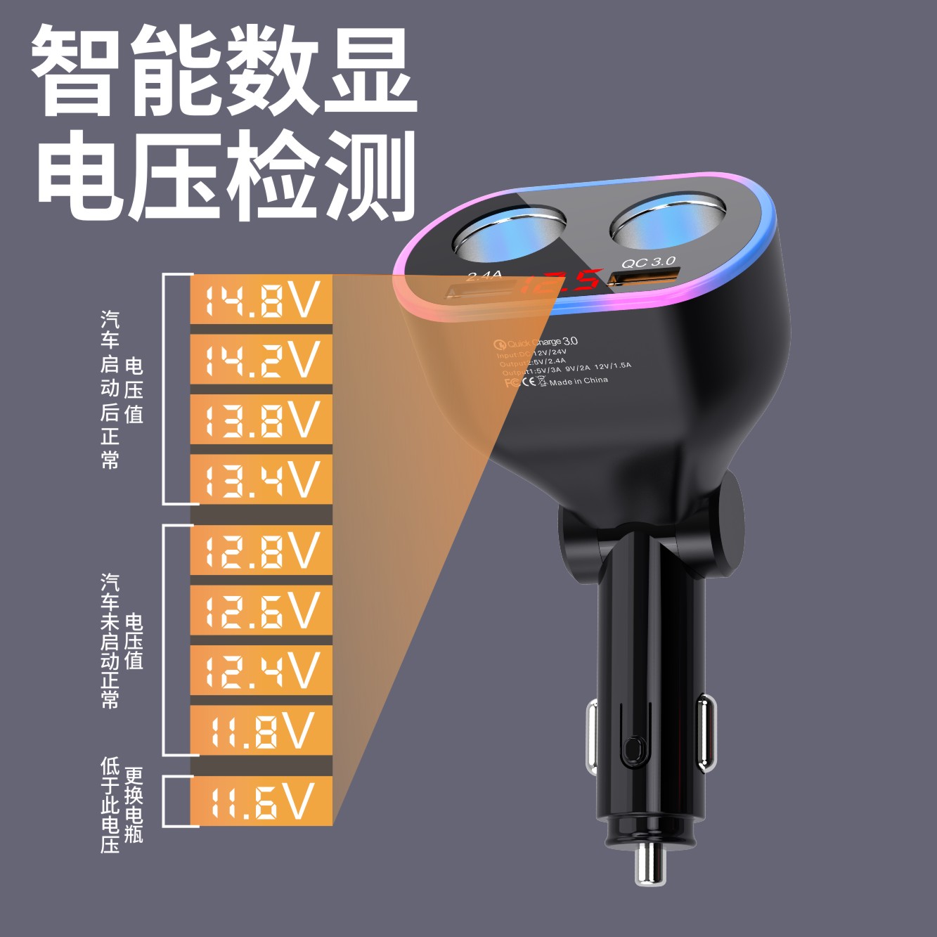 New Car Charger Qc3.0 Fast Charging Multifunctional Car Cigarette Lighter One for Four with Digital Display Ambience Light