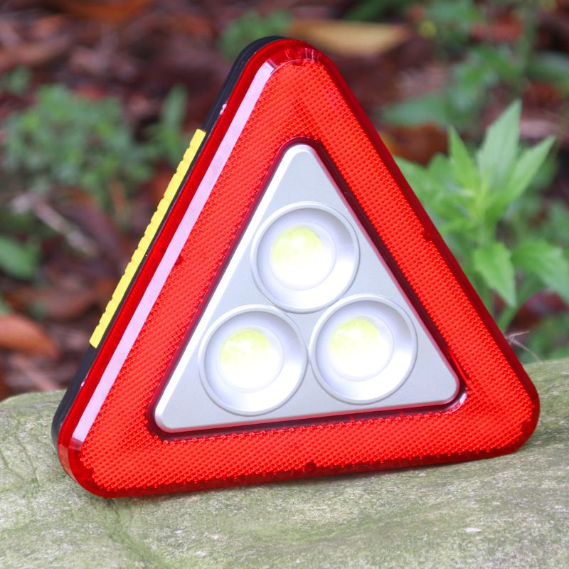Car Supplies Multi-Function Emergency Triangle Warning Sign with LED Light Warning Rack Cob Strong Light Floodlight