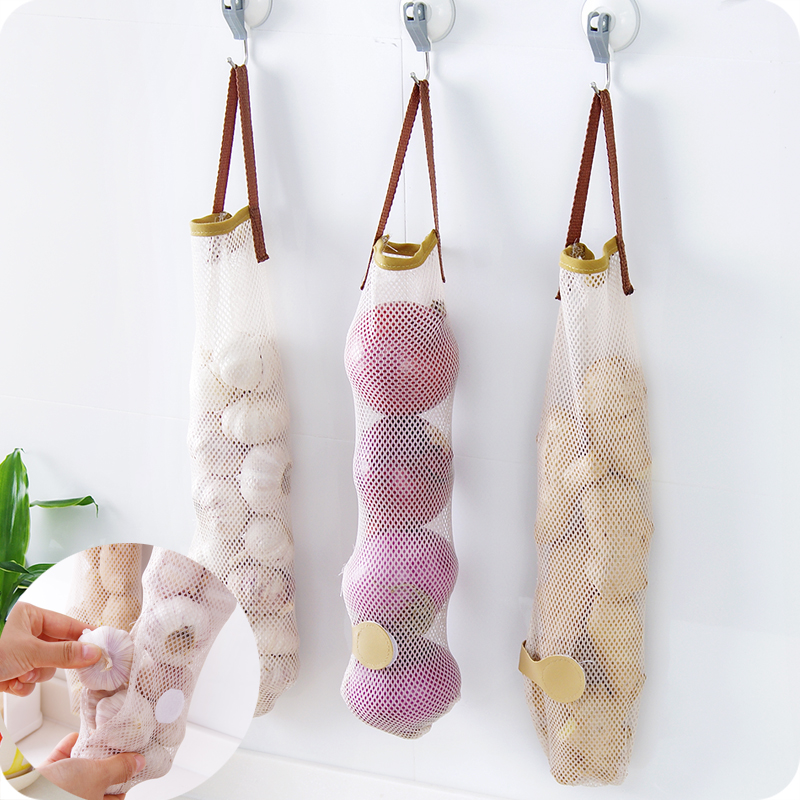 Hanging Fruit and Vegetable Storage Mesh Bag Portable Handle Kitchen Multi-Functional Hollow Breathable Garlic Onion Hanging Bag Small Size