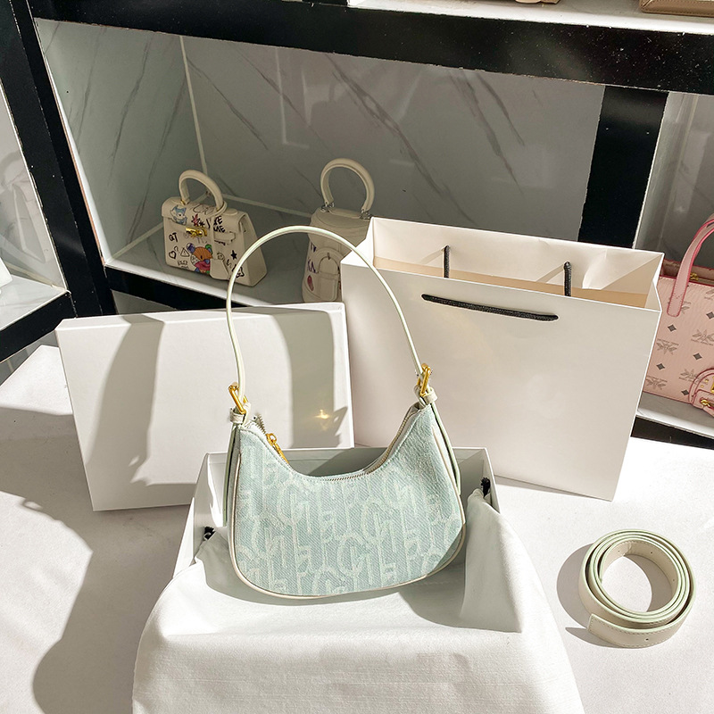 Foreign Trade Denim Women&#039;s Bag Underarm Bag Baguette Bag Korean Style Shoulder Fashion Bag 2021 New Portable Niche Dumpling Bag