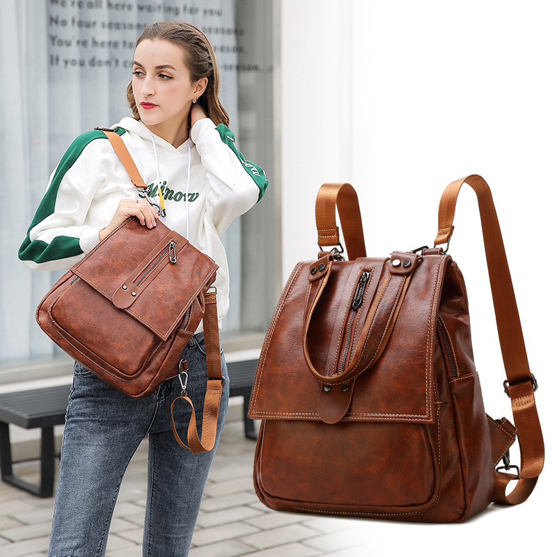 European and American Retro Three-Purpose Multipurpose Backpack Texture Genuine Leather Portable Backpack New Fashion Bag Cover Bag for Women