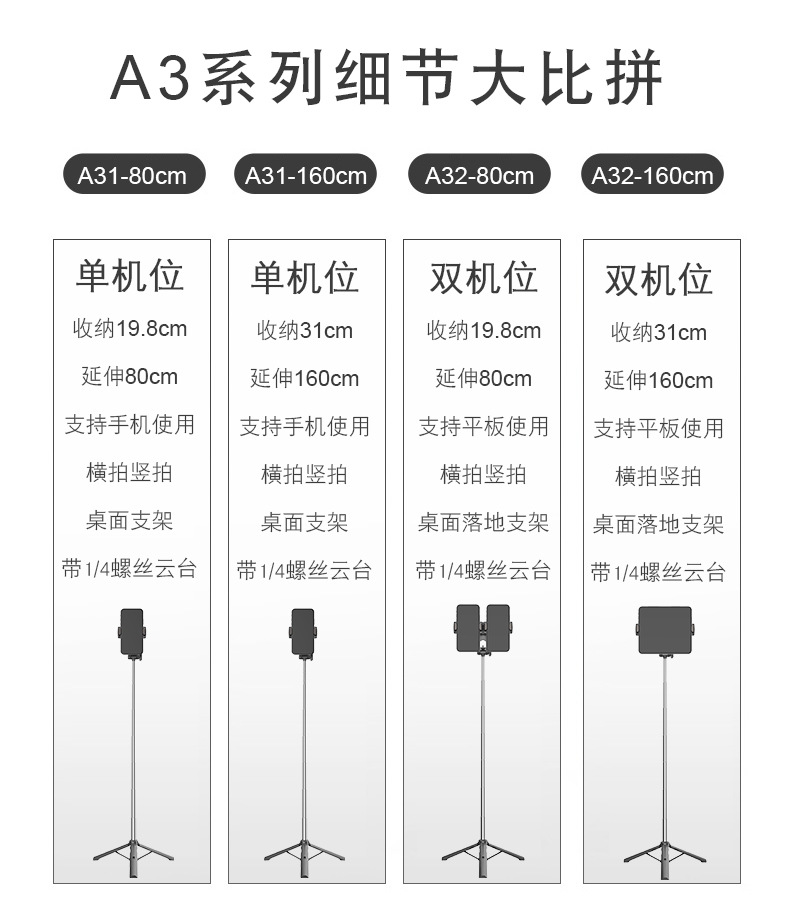 Adyss Stack A31 Selfie Stick Integrated Double Clip Tablet Desktop Live Stream Stand Floor Multi-Device