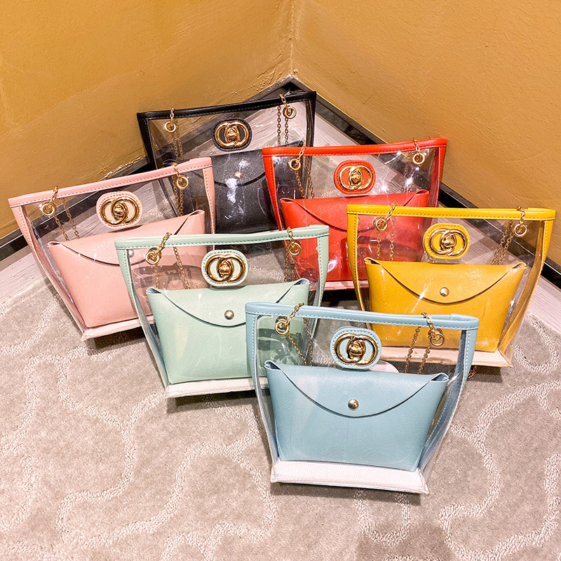 Partysu Women Bag 2021 New Combination Bags Transparent Bag Shoulder Crossbody Handbag Chain Lock Button Pouch