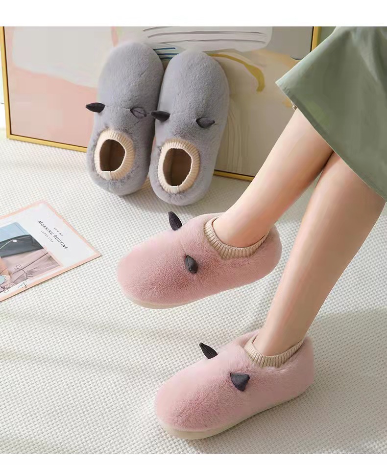 Cute Couple Cotton Slippers Winter Women Bag Heel Plush Warm Slugged Bottom Household Men's Cotton-Padded Shoes Toe Cap
