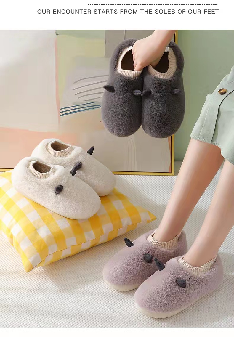 Cute Couple Cotton Slippers Winter Women Bag Heel Plush Warm Slugged Bottom Household Men's Cotton-Padded Shoes Toe Cap
