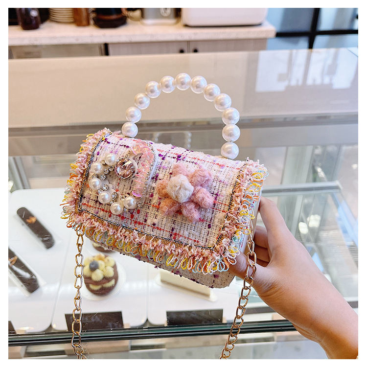 New Princess Bag Cute Little Girl Pearl Hand Bag Cartoon Decorative Crossbody Bag Children Coin Purse Shoulder Bag