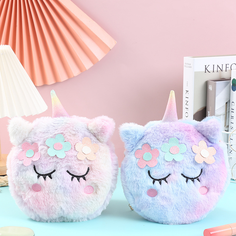 Winter New Cartoon Children's Colorful Plush Shoulder Bag Unicorn Coin Purse Kindergarten Cute Girl's Crossbody Bag