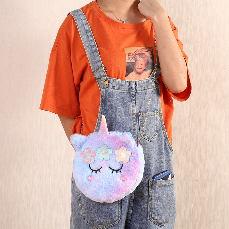 Winter New Cartoon Children's Colorful Plush Shoulder Bag Unicorn Coin Purse Kindergarten Cute Girl's Crossbody Bag