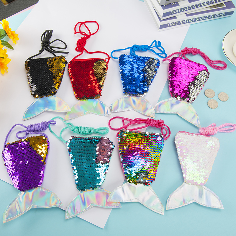 CrossBorder Hot Mermaid Tail Sequined Lanyard Coin Purse Children&#039;s CrossBody Long Rope Coin Bag Small Wallet Whole