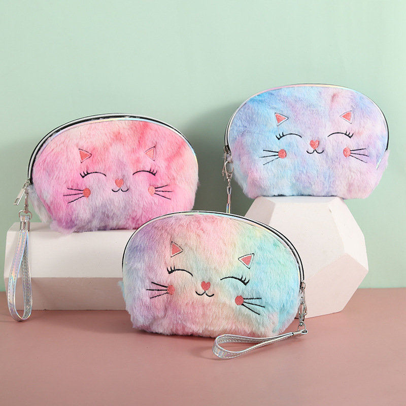 New Colorful Plush Shell Bag Girl Cartoon Cat Cosmetic Bag Coin Purse Storage Bag