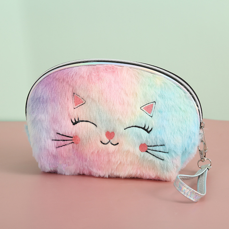New Colorful Plush Shell Bag Girl Cartoon Cat Cosmetic Bag Coin Purse Storage Bag