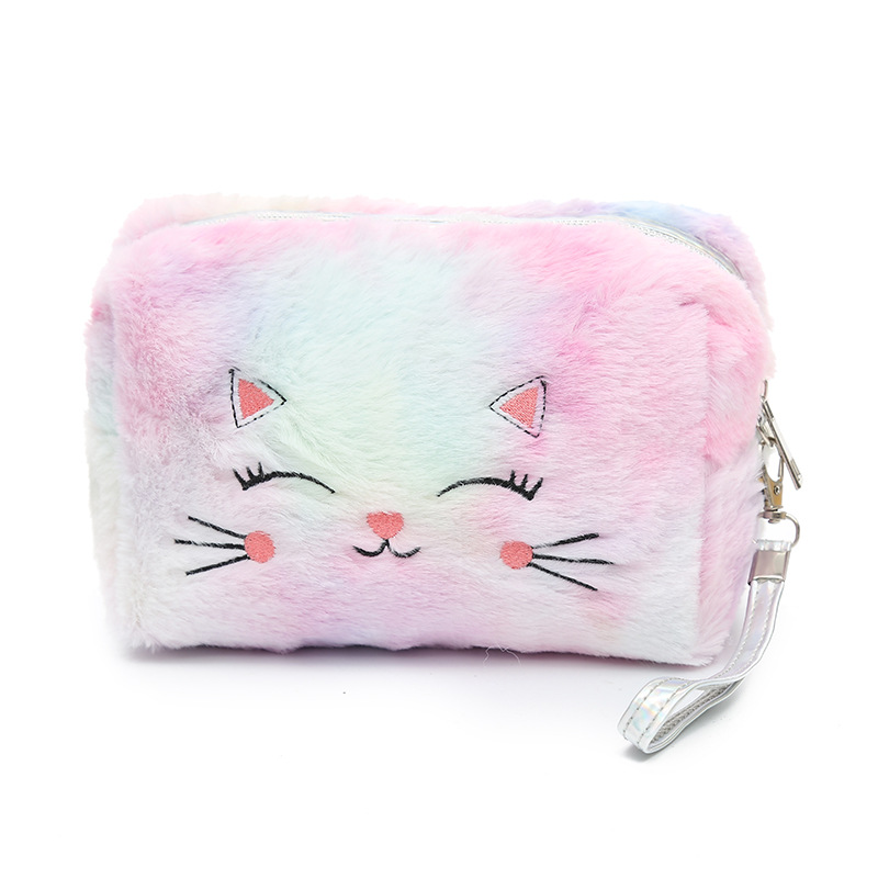 Cartoon Plush Wash Bag Storage Bag Small Square Bag Korean Colorful Plush Cat Cosmetic Bag Soft and Adorable Zipper Bag