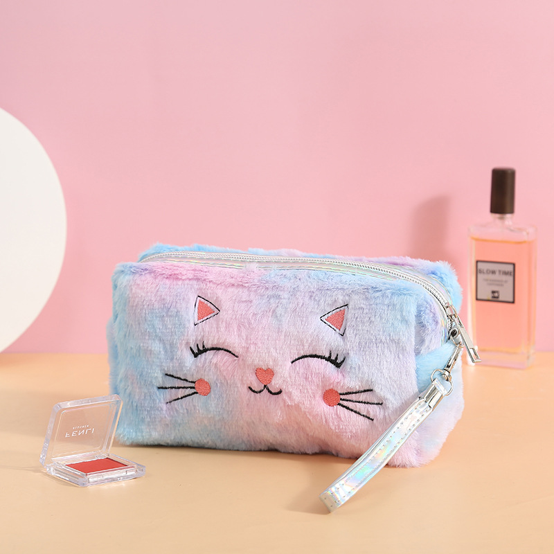Cartoon Plush Wash Bag Storage Bag Small Square Bag Korean Colorful Plush Cat Cosmetic Bag Soft and Adorable Zipper Bag